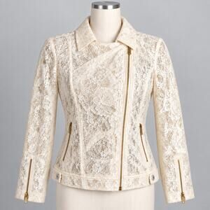 Vicky Tiel Ivory Lace Moto Jacket Women's Large L NWT Floral Zip Front